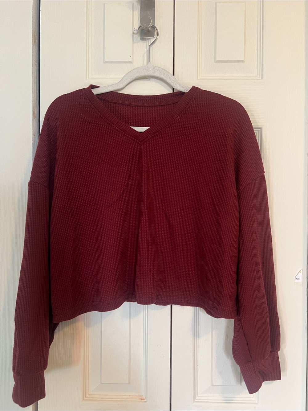 Women's Burgundy Waffle V-Neck Long Sleeve Top